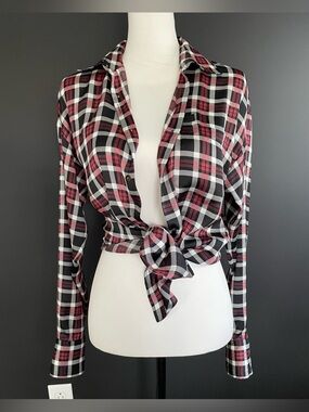 DSQUARED2 2021 Women’s Red, Black, White Plaid Silky Satin Button Down Top 38